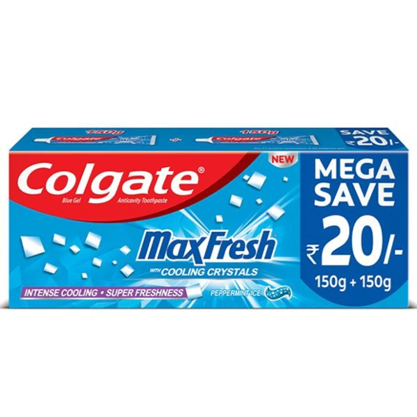 Colgate MaxFresh Anticavity Blue Gel Toothpaste,Pepermint Ice (Mega Save Rs.20/-) 2 x 150 gm - 300 gm